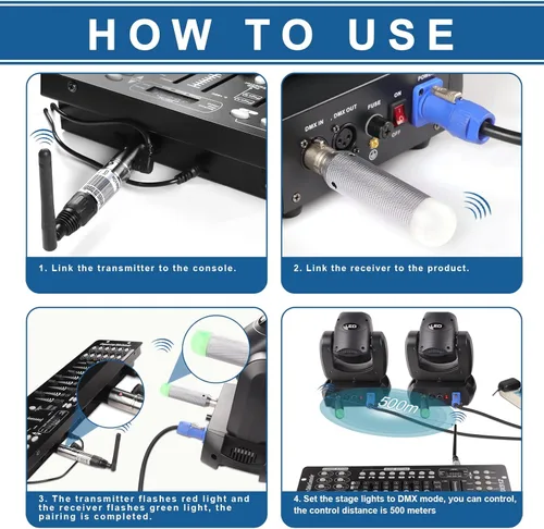 Miniatura 4 de DMX Wireless 4 unidades, 3 receptores recargables y 1 transmisor DMX 512 de 2.4G, versión larga, transmisor inalámbrico DMX para iluminación LED