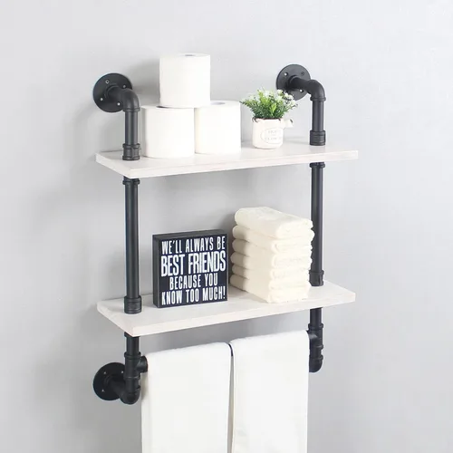 Miniatura 10 de MBQQ Estante de tubería industrial para baño, estantes montados en la pared, estante de madera rústica de 19.6 pulgadas con toallero, toallero