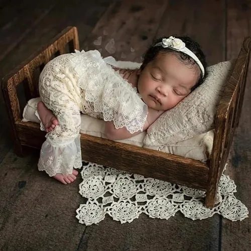 Miniatura 4 de Traje de fotografía para bebé, traje de encaje para recién nacido, sesión de fotos, diadema de flores, disfraz de princesa beige a