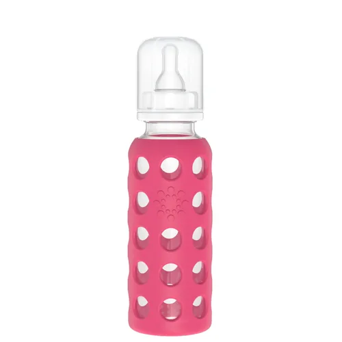 Lifefactory Biberón de vidrio de 9 onzas con pezón etapa 2 y funda protectora de silicona frambuesa