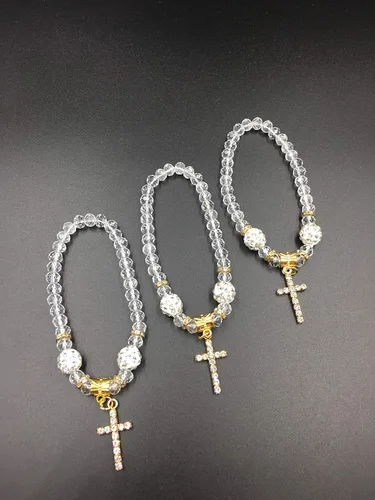 Miniatura 3 de 12 Nuevo Cristal Blanco/Oro Pulsera Bautizo con Cruz con Bolsas de Organza Recuerdos de Bautizo