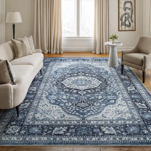 Miniatura 30 de Bloom Rugs Caria Alfombra Lavable Antideslizante de 7 pies - Azul/Carbón Alfombra Tradicional para Entrada, Pasillo, Baño y Cocina - Tamaño Exacto