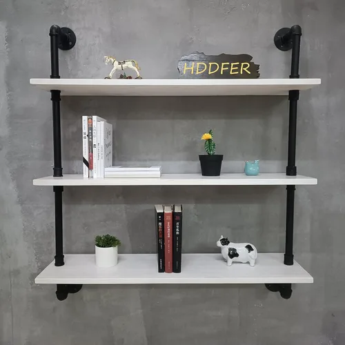Miniatura 49 de HDDFER - Estantería industrial para tuberías rústicas en blanco, estantes de pared de tubería industrial con tablas de madera, estantes flotantes