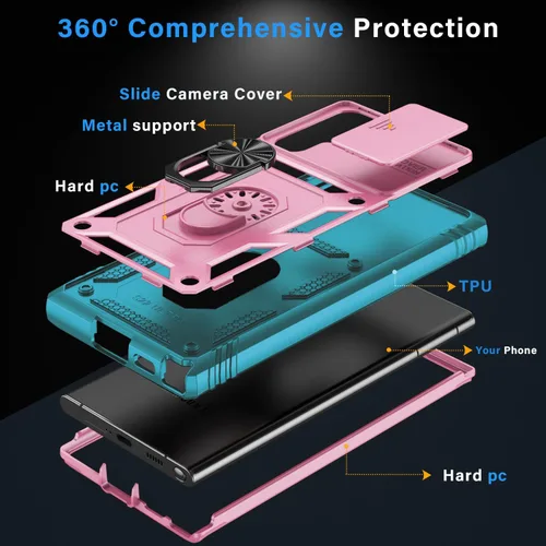 Miniatura 5 de PASNEW Funda para Samsung Galaxy S22 Ultra 5G, cubierta de cámara deslizante y soporte de dedo de metal giratorio de 360°, militar, resistente, a