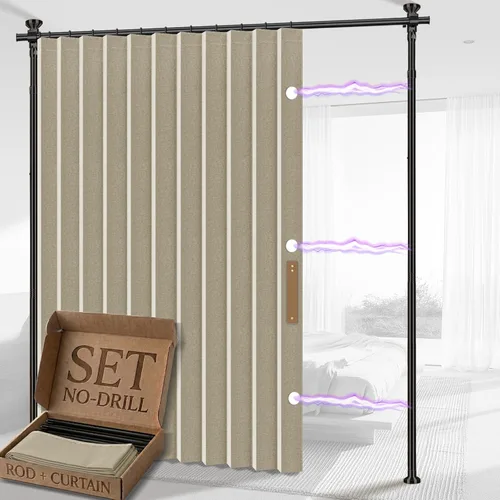 AJAZZ Cortina Divisora de Habitación (Beige, A100 x L84 pulgadas, 1 Panel) + Barras de Cortina Sin Perforación Tensión Ajustable (A) 43-120×(An)