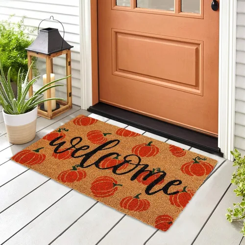 Miniatura 2 de AnyDesign Tapete de fibra de coco de otoño con diseño de calabazas de bienvenida, antideslizante, tapete decorativo de otoño para puerta de entrada