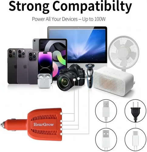 Miniatura 6 de HearGrow - Inversor de corriente para automóvil de 100 W, adaptador de corriente continua de 12 V a 110 V CA con puertos USB-C PD y QC3.0 de 18 W