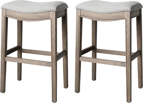 Miniatura 28 de Maven Lane Adrien Taburete de bar sin espalda, asiento de silla de montar de 31 pulgadas con reposapiés, marco de madera maciza gris y tapicería