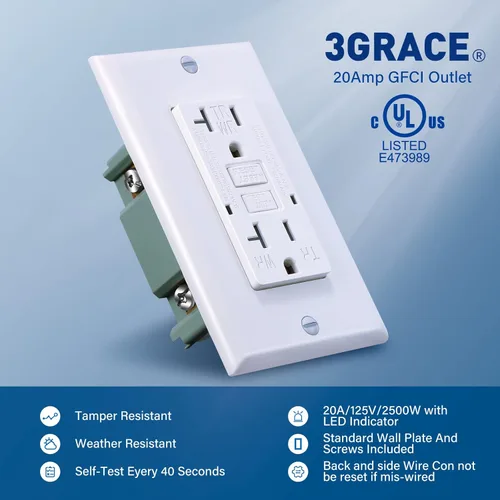 Miniatura 2 de 3GRACE - Toma GFCI de 20 amperios, resistente a manipulaciones, receptáculo resistente a la intemperie para uso en interiores o exteriores
