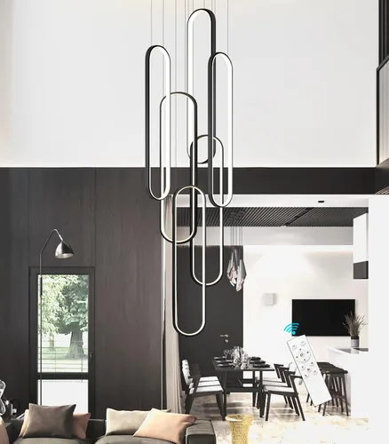 Miniatura 7 de Candelabros LED modernos para entrada de vestíbulo, techo alto, lámparas de escalera largas, regulables, montaje empotrado, alto recibidor, Negro