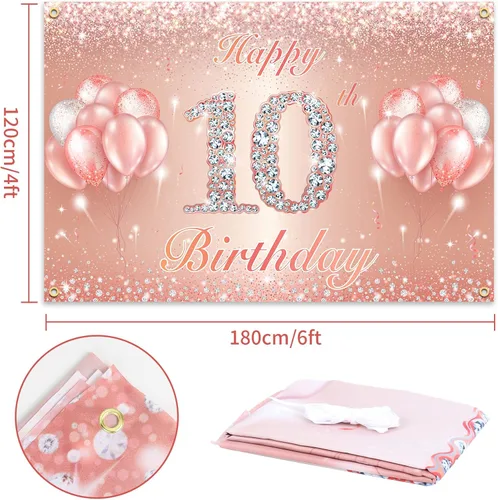 Miniatura 2 de Fondo de pancarta de feliz cumpleaños 10 – Suministros de decoración de fiesta de cumpleaños 10 para niñas o niños – Oro rosa 4 x 6 pies