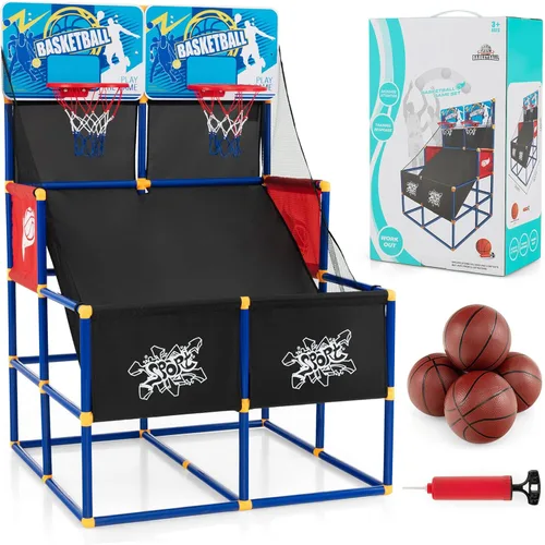 Goplus Juego de baloncesto para niños, juego de baloncesto de doble disparo para 2 jugadores con 4 bolas y bomba de inflado, juego deportivo para