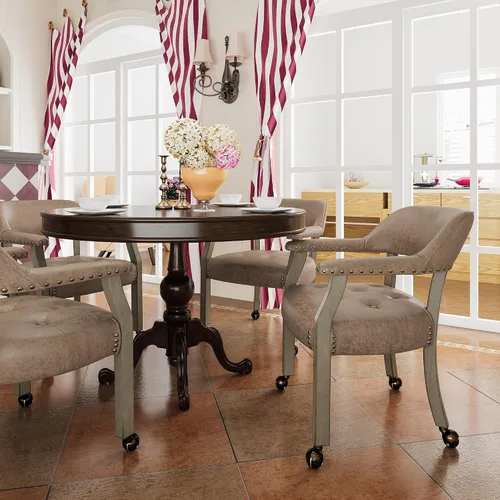 Miniatura 2 de Sillas de comedor modernas de madera maciza marrón con ruedas y brazos, sillas de escritorio de oficina, sillas de acento giratorias clásicas, 31.5