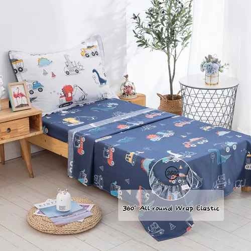Miniatura 6 de DJY Juego de ropa de cama de algodón tamaño Twin, juego de edredón reversible de dinosaurios y autos para niños y niñas, 4 piezas de cama en una