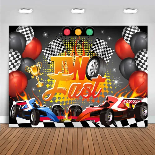 Miniatura 5 de Mocsicka Telón de fondo de cumpleaños de Two Fast Cars para fiestas temáticas de carreras para niños y niños, globo rojo de carreras de coche