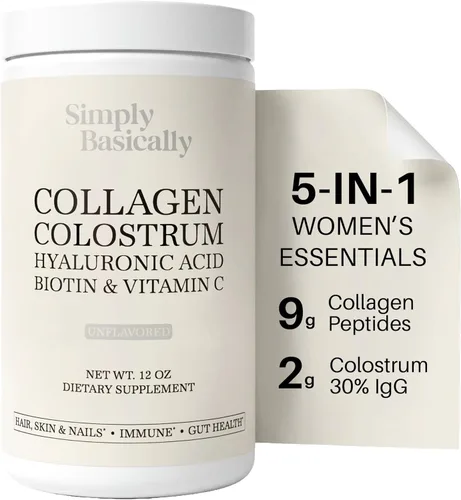 Polvo de péptidos de calostro y colágeno con biotina, ácido hialurónico y vitamina C | Salud intestinal e hinchazón, apoyo inmunológico, suplemento
