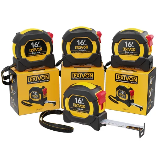 LEXIVON [4-Pack] Cinta métrica DuaLock de 16 pies/5 metros | Hoja de 1 pulgada de ancho con revestimiento de nailon, acabado mate blanco y amarillo