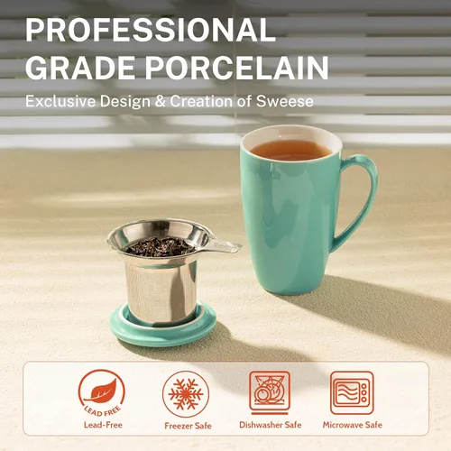 Miniatura 3 de Sweese Taza de té de porcelana de 15 onzas con infusor y tapa, apta para microondas, mango ergonómico, esmalte sin plomo, para té de hojas sueltas