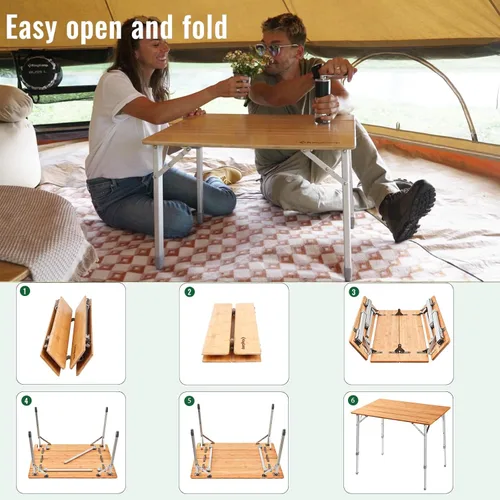 Miniatura 8 de KingCamp Mesa plegable de altura ajustable, 4 pliegues de bambú para acampar al aire libre, mesa de campamento portátil con bolsa de transporte