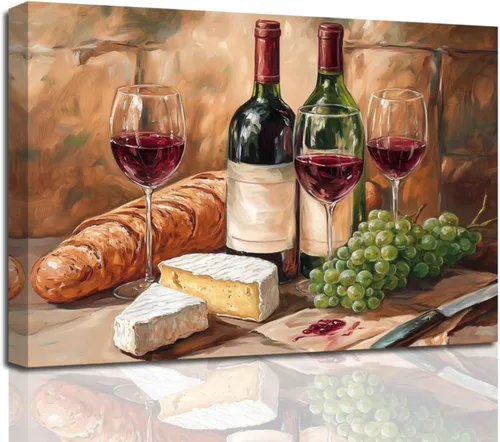 Miniatura 7 de XLMDYYSW Arte de pared vintage para cocina, imagen rústica de vino tinto y uva, pintura de queso de granja, botella de vino, impresiones en lienzo