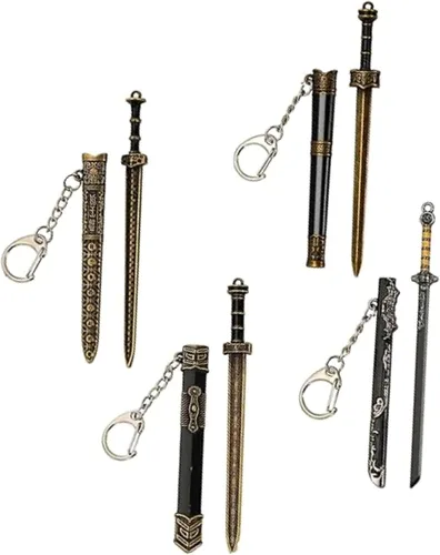 Juego de 4 llaveros de katana mini, llavero chino de metal antiguo con hoja extraíble, abrecartas, adornos coleccionables