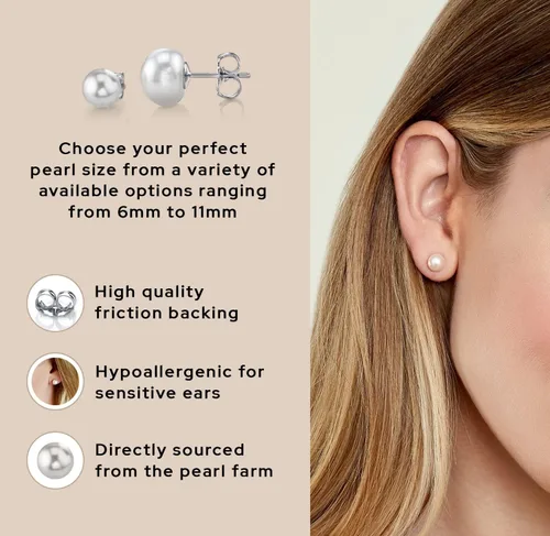 Miniatura 5 de Aretes con broche de plata de ley, con perlas botón blancas cultivadas en agua dulce.