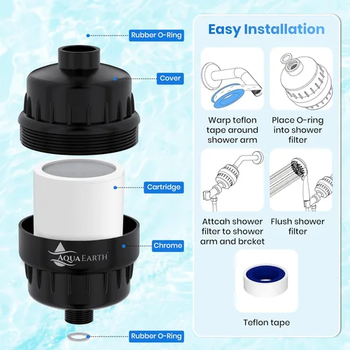 Miniatura 4 de Aqua Earth Filtro de cabezal de ducha para agua dura de 20 etapas para eliminar cloro fluoruro suavizante de agua carbón activado de cáscara de coco