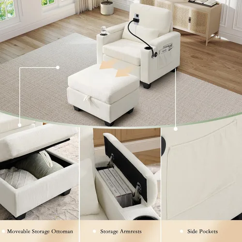 Miniatura 4 de Chaise Lounge Chair para interiores con puerto USB y soporte para teléfono, sillón reclinable pequeño de felpilla con otomana de almacenamiento