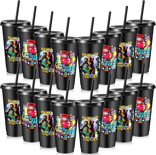 Miniatura 10 de Uiifan 16 piezas de decoraciones de fiesta de los años 50, tazas reutilizables de los años 50 con tapas y pajitas, suministros de Rock Sock Hop