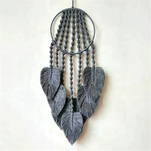 Miniatura 6 de Tapiz de macramé tejido de algodón, atrapasueños, tejido a mano con borlas de plumas, adorno para manualidades, dormitorio, sala de estar, Beige