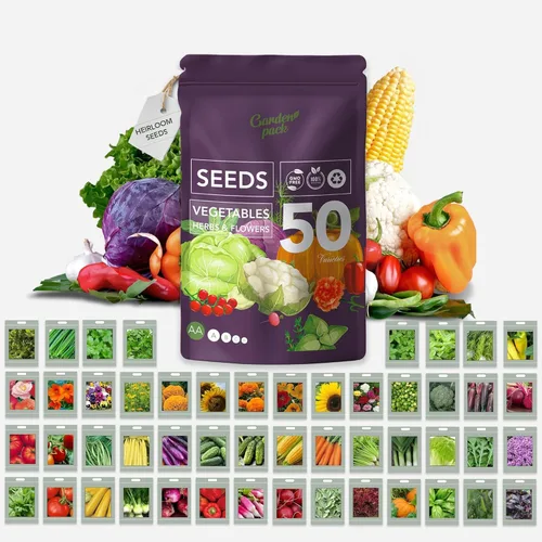 Garden Pack Bolsa de semillas de verduras – 50 variedades de semillas de verduras, hierbas y flores para plantar – 25,000 semillas de reliquia sin