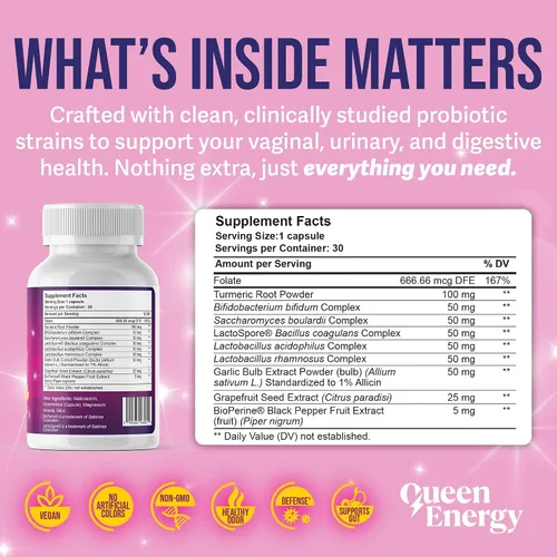 Miniatura 4 de Queen Energy Probiótico vaginal - Apoya el equilibrio del pH, el control de olores y la salud digestiva - 30 cápsulas