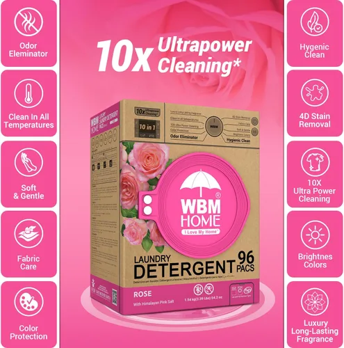 Miniatura 3 de WBM Home Cápsulas de lavandería 5 en 1, total de 96 unidades, ultra concentrado con potente tecnología de levantador de manchas, suavizante de tela