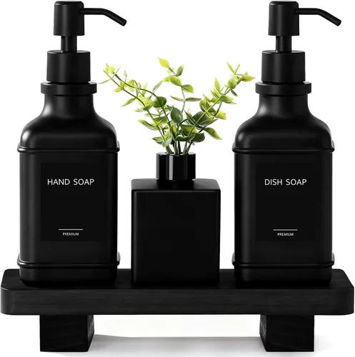 Miniatura 8 de Juego moderno de dispensador de jabón de cocina con bandeja de madera, dispensadores de jabón de vidrio ámbar con bomba, juego de dispensador