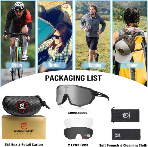 Miniatura 5 de Queshark - Gafas de ciclismo, lentes de sol deportivos para hombres y mujeres, 1 lente polarizada 2 HD, lentes de sol polarizados para ciclismo