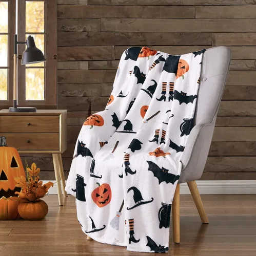 Miniatura 16 de Manta de Halloween: Jack O Lantern, calabazas, fantasmas blancos y telarañas en suave forro polar de terciopelo negro para sofá, sillas y cama Ghost
