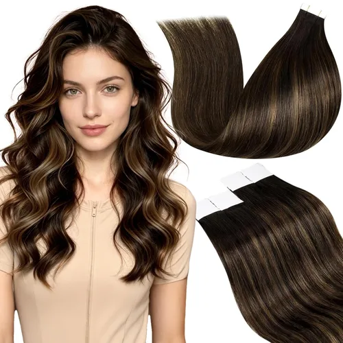 Miniatura 11 de LaaVoo Extensiones adhesivas de cabello humano real, color negro azabache, extensiones de cabello humano liso y sedoso, 10 pulgadas, 20