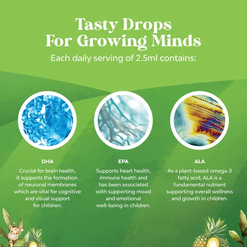 Miniatura 4 de Gotas de DHA Omega 3 para niños - Ácidos grasos Omega 3 6 9 para cerebro, sistema inmunológico y visión - DHA nutricional para niños para un sistema