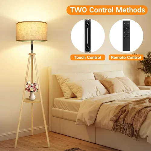 Miniatura 12 de OUTON - Lámpara de pie de trípode de madera con estantes, lámpara de pie de mediados de siglo con control remoto, 4 temperaturas de color, lámpara