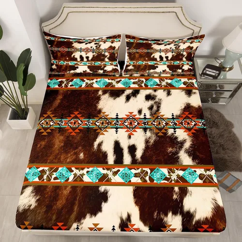 Miniatura 55 de Juego de ropa de cama de estilo bohemio occidental, tamaño individual, diseño de vaca atrapasueños, sábana bajera ajustable del suroeste, tribu