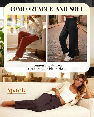 Miniatura 138 de Neer - Conjunto de 3 pantalones de yoga de pierna ancha para mujer - Pantalones deportivos cómodos, holgados, de cintura alta y casuales