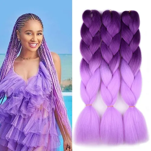 Miniatura 13 de Cabello trenzado ombré (rosa/rosa claro), 3 extensiones de cabello trenzado jumbo para trenzas de caja de 24 pulgadas, sello de agua caliente, suave