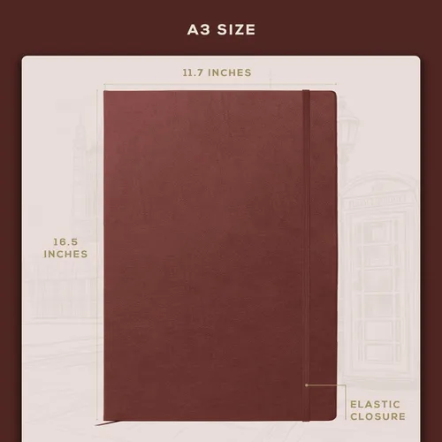 Miniatura 4 de Beechmore Books Cuaderno de bocetos A3 – 11.7x16.5 pulgadas encuadernado en cuero vegano premium, libro de bocetos grande de tapa dura con 160