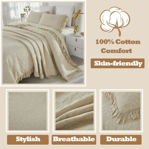 Miniatura 8 de Brandream Juego de Edredón Tamaño Queen de Algodón Beige con Estampado Floral y Enredaderas Matelassé Juego de Colcha con Volantes 3 Piezas