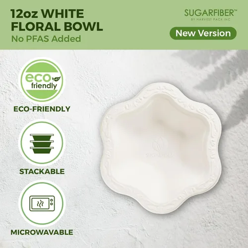 Miniatura 4 de [50 unidades] Cuencos de papel blanco floral compostables de 12 onzas, cuencos de fiesta festoneados, tazón de helado ecológico sin plástico