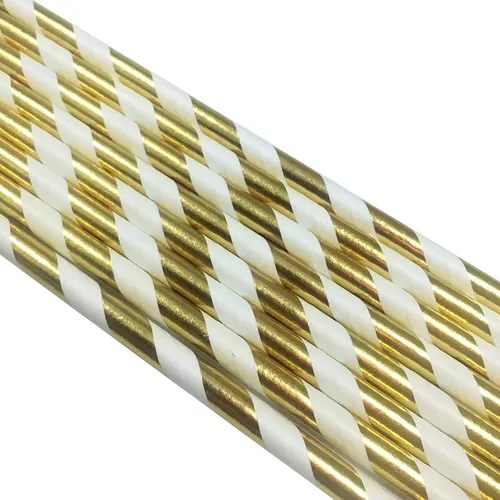 Miniatura 2 de Pajitas de papel a rayas doradas brillantes, 100 % biodegradables para decorar, popotes de cóctel prémium para beber, jugo, batido empacado 100