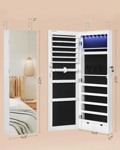 Miniatura 6 de SONGMICS Gabinete colgante de joyería, gabinete de pared con luces interiores LED, organizador de joyas montado en la puerta, espejo de cuerpo Blanco