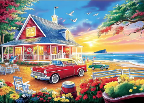 Rompecabezas de 1000 piezas para adultos – Casa costera con camión rojo, rompecabezas vintage de casa de playa escénica de 1000 piezas, regalo