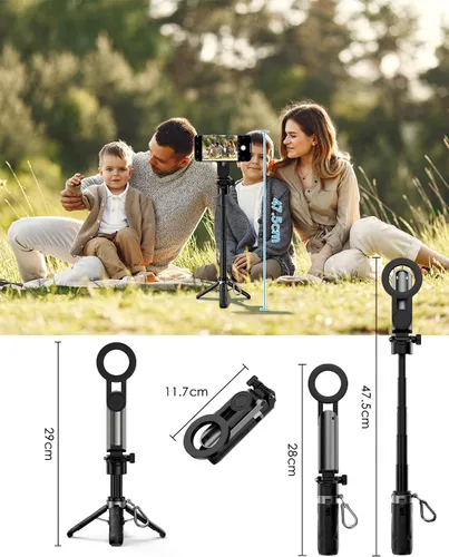 Miniatura 8 de CloudValley Palo magnético para selfie y mini trípode, estabilizador de mano extensible de rotación de 360°, agarre de cámara con control remoto