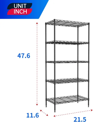 Miniatura 3 de PayLessHere Estante de alambre de 5 niveles 21 x 11 x 48 pulgadas Negro Estantes ajustables Estantes de almacenamiento de alta